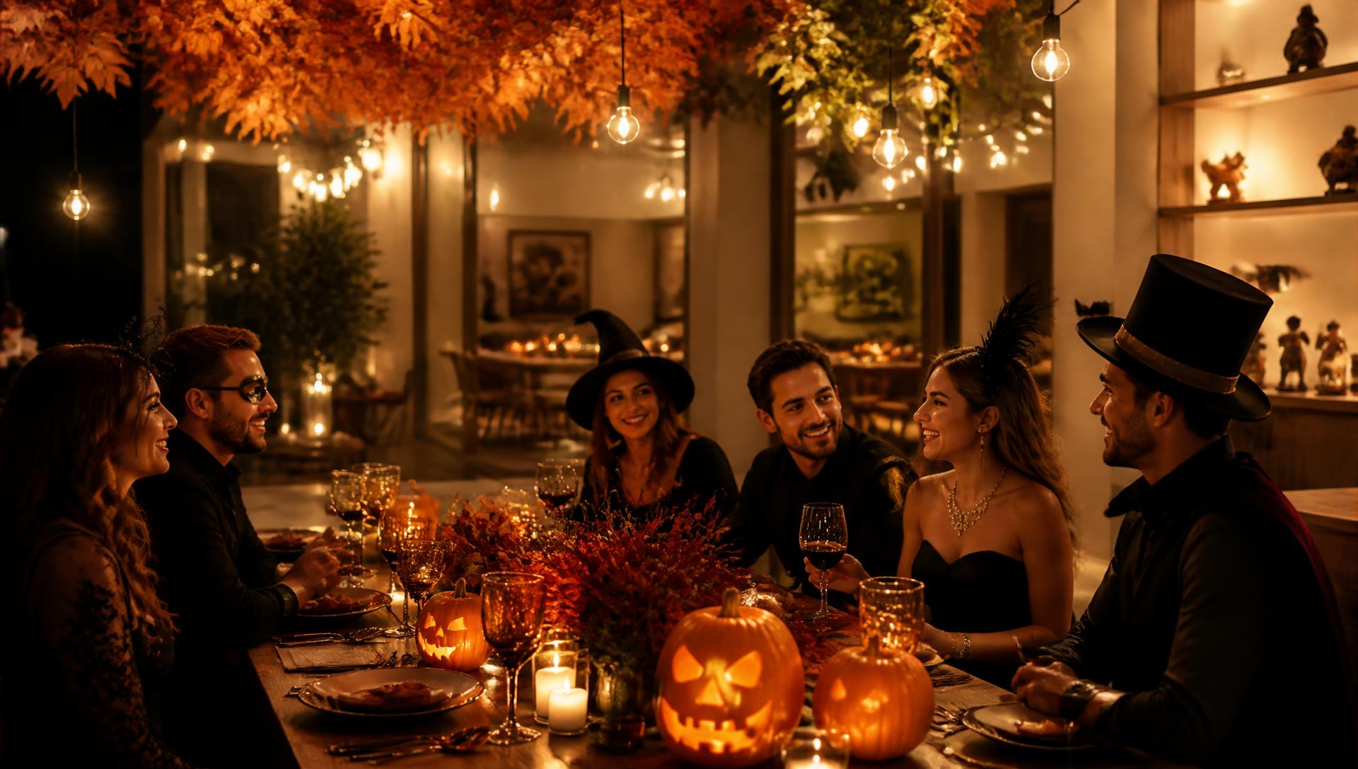 Amigos adultos fantasiados em volta de mesa decorada com abóboras iluminadas e luzes quentes durante festa de Halloween.